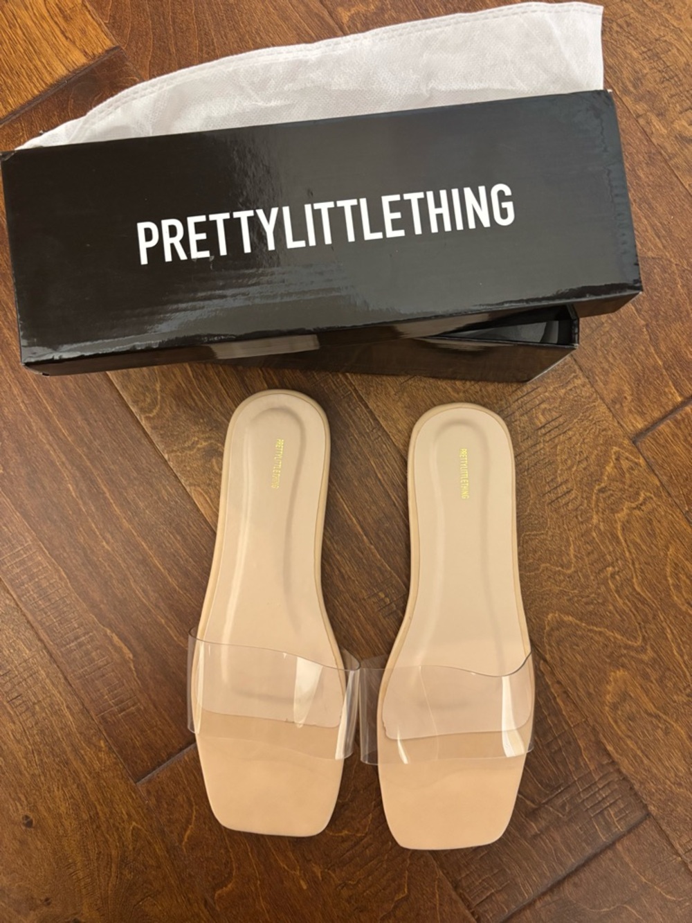 PRETTYLITTLETHING Nude Clear Strap Slide Sandals